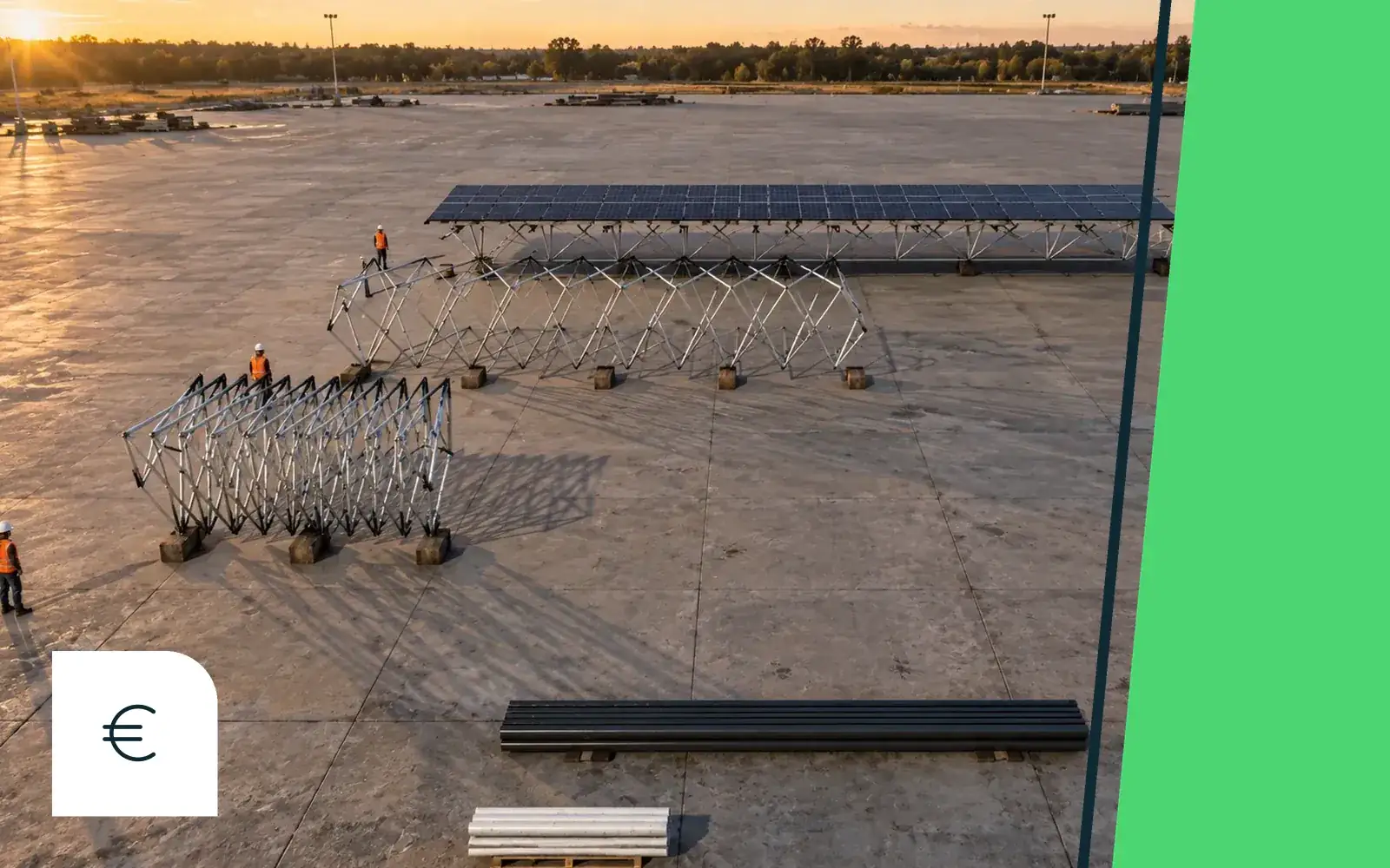 Modules SUUN pré-assemblés, dépliés sur un parking avant levage